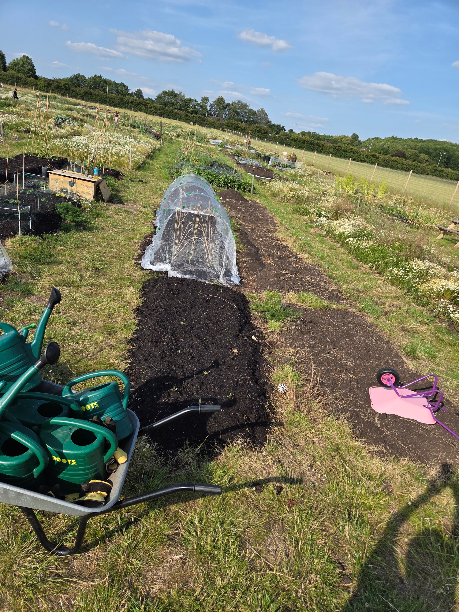 A garden patch with prepared soil, a garden frame, and equipment nearby on a sunny day.